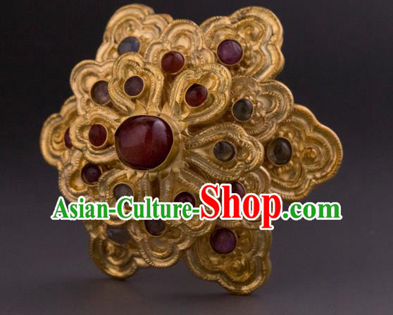 China Ancient Empress Gems Hairpin Handmade Hair Accessories Traditional Ming Dynasty Court Golden Hair Crown