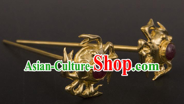 China Ancient Princess Golden Crab Hairpin Handmade Hair Accessories Traditional Ming Dynasty Hair Stick