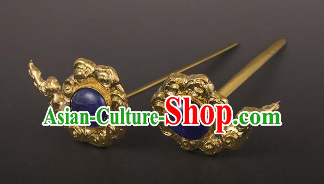 China Ancient Queen Golden Cloud Hairpin Handmade Hair Accessories Traditional Ming Dynasty Lapis Hair Stick