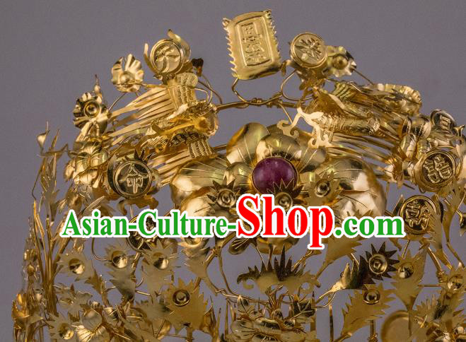 China Ancient Queen Golden Peony Hair Crown Handmade Hair Accessories Traditional Ming Dynasty Phoenix Coronet