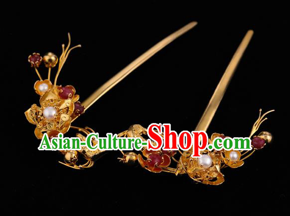 China Ancient Court Empress Golden Plum Hair Stick Handmade Hair Accessories Traditional Ming Dynasty Pearls Hairpin