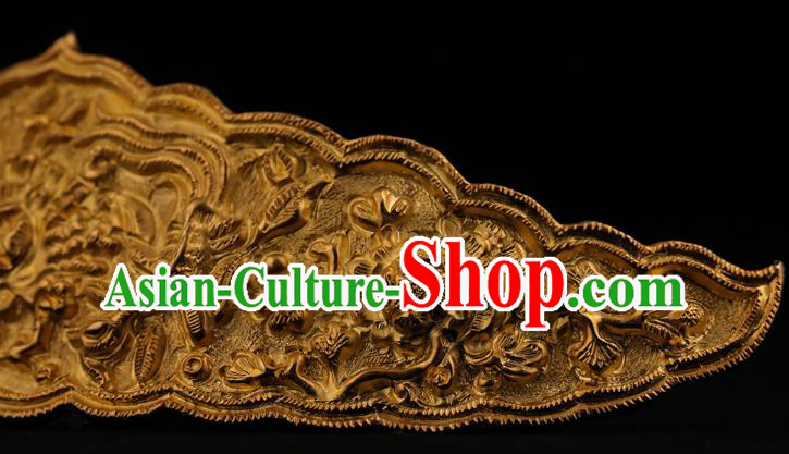 China Ancient Imperial Consort Golden Hair Crown Handmade Hair Accessories Traditional Tang Dynasty Carving Peony Hairpin