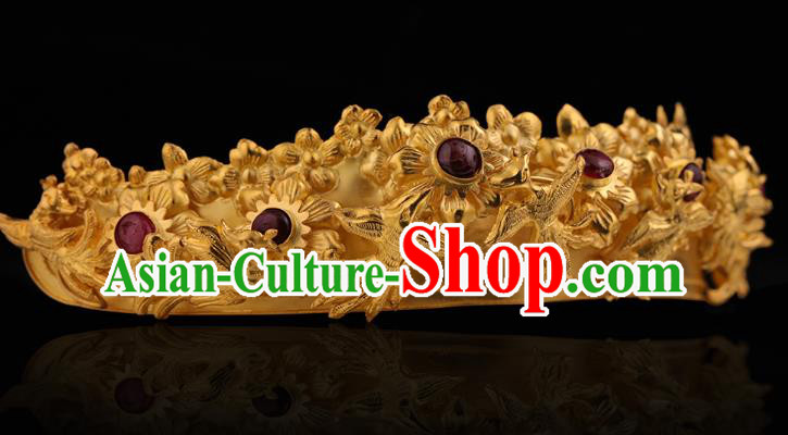 China Ancient Royal Empress Golden Hair Crown Handmade Hair Accessories Traditional Ming Dynasty Carving Phoenix Hairpin