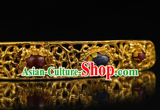 China Ancient Empress Golden Hair Stick Handmade Hair Accessories Traditional Ming Dynasty Gemmed Hairpin