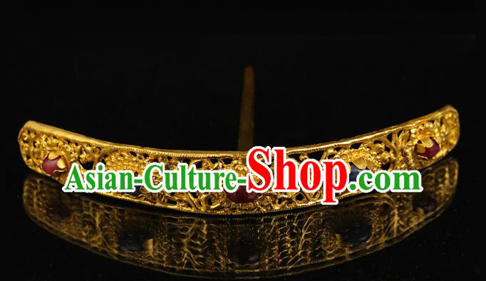 China Ancient Empress Golden Hair Stick Handmade Hair Accessories Traditional Ming Dynasty Gemmed Hairpin