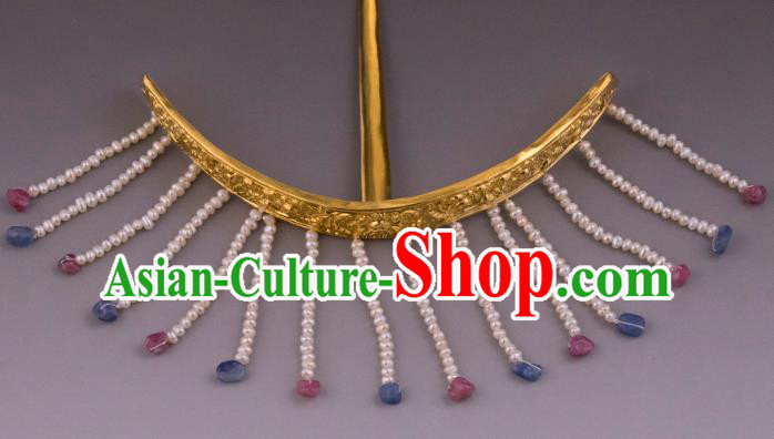 China Ancient Empress Pearls Tassel Hairpin Handmade Hair Accessories Traditional Ming Dynasty Golden Hair Crown