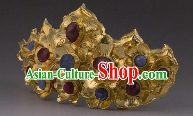 China Ancient Empress Golden Flowers Hairpin Handmade Hair Accessories Traditional Ming Dynasty Palace Gems Hair Crown