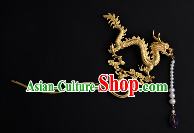 China Traditional Swordsman Hair Accessories Ancient Han Dynasty Emperor Golden Dragon Hairpin