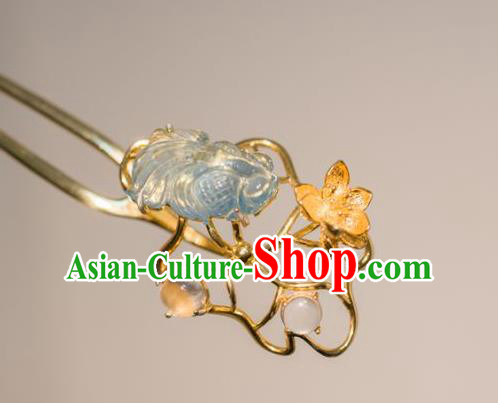 China Traditional Aquamarine Fish Hair Accessories Ancient Ming Dynasty Golden Lotus Hairpin