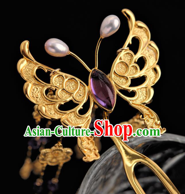 China Traditional Tang Dynasty Hair Accessories Ancient Empress Gilding Butterfly Hairpin Amethyst Hair Clip