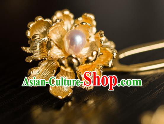 China Ancient Empress Golden Peony Hairpin Traditional Tang Dynasty Hair Accessories Pearl Hair Stick