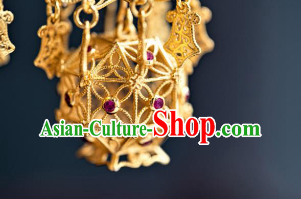 China Traditional Hanfu Gilding Earrings Ancient Ming Dynasty Court Empress Lantern Ear Jewelry