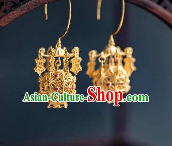 China Traditional Hanfu Gilding Earrings Ancient Ming Dynasty Court Empress Lantern Ear Jewelry