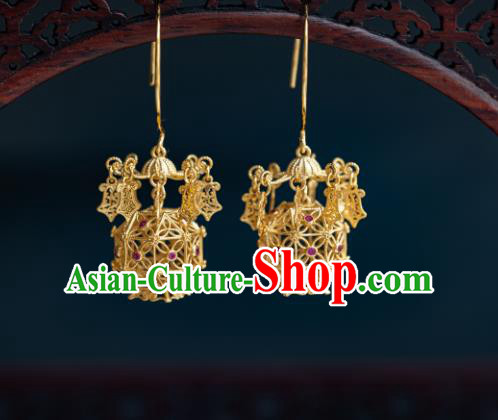China Traditional Hanfu Gilding Earrings Ancient Ming Dynasty Court Empress Lantern Ear Jewelry