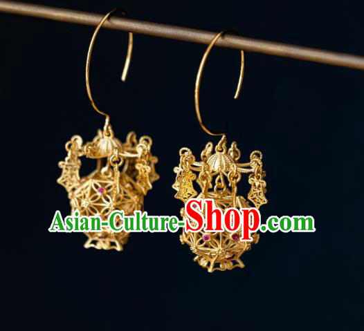 China Traditional Hanfu Gilding Earrings Ancient Ming Dynasty Court Empress Lantern Ear Jewelry