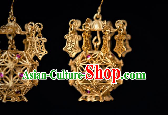 China Traditional Hanfu Gilding Earrings Ancient Ming Dynasty Court Empress Lantern Ear Jewelry