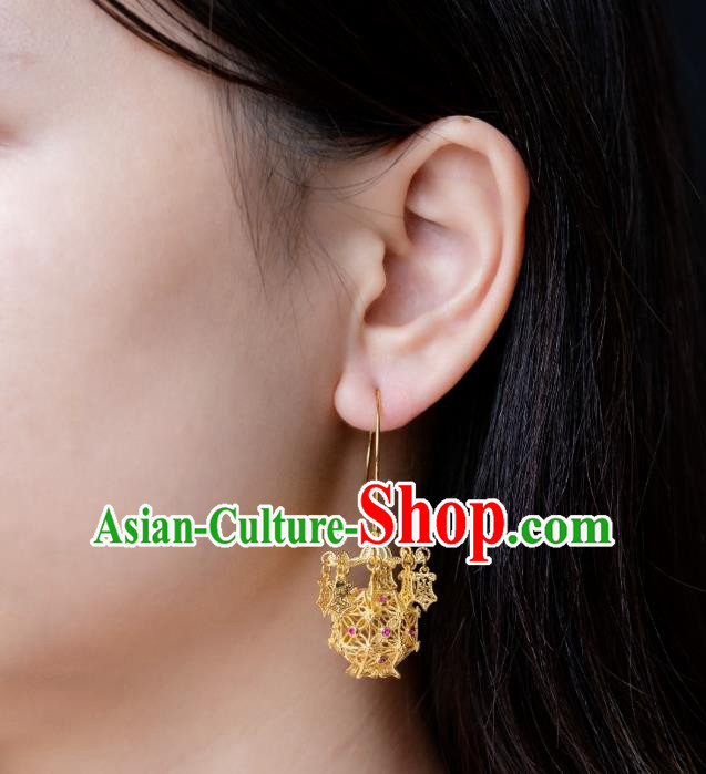 China Traditional Hanfu Gilding Earrings Ancient Ming Dynasty Court Empress Lantern Ear Jewelry