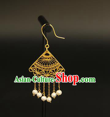 Handmade Chinese Fan Shape Ear Accessories Traditional Ancient Imperial Consort Golden Earrings Jewelry