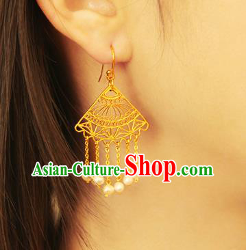 Handmade Chinese Fan Shape Ear Accessories Traditional Ancient Imperial Consort Golden Earrings Jewelry