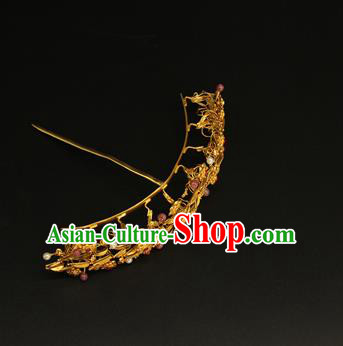 China Ancient Imperial Consort Hairpin Handmade Hair Accessories Traditional Ming Dynasty Golden Flowers Hair Crown