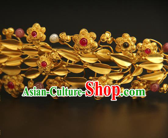 China Ancient Imperial Consort Hairpin Handmade Hair Accessories Traditional Ming Dynasty Golden Flowers Hair Crown