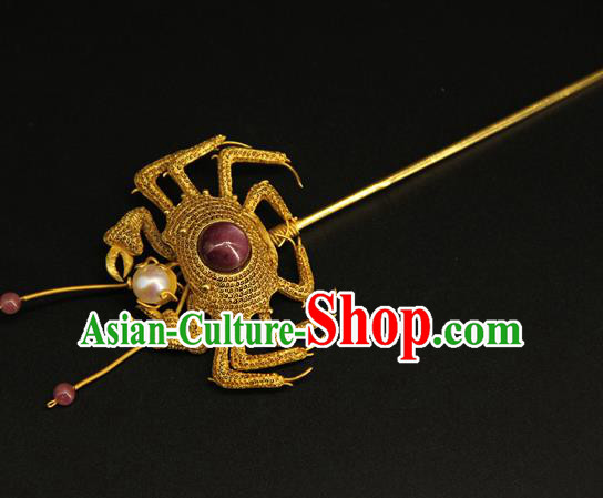 China Ancient Queen Filigree Hair Stick Handmade Hair Accessories Traditional Ming Dynasty Golden Crab Hairpin