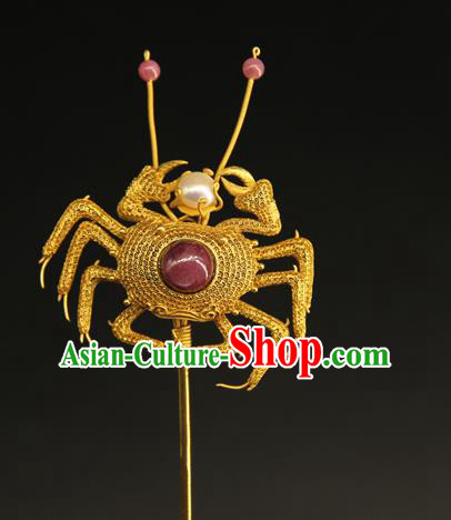 China Ancient Queen Filigree Hair Stick Handmade Hair Accessories Traditional Ming Dynasty Golden Crab Hairpin