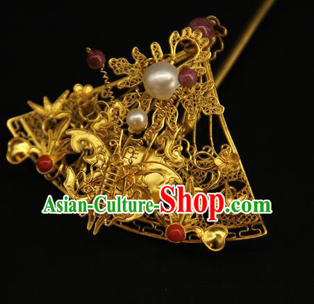 China Ancient Gilding Fan Hairpin Handmade Hair Accessories Traditional Ming Dynasty Golden Butterfly Hair Stick