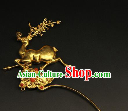 China Ancient Queen Golden Deer Hair Stick Handmade Hair Accessories Traditional Ming Dynasty Hairpin