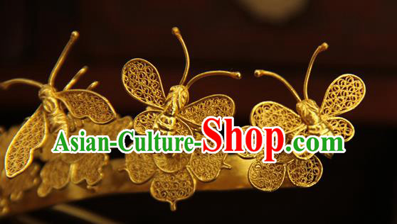 China Traditional Court Hair Crown Ancient Ming Dynasty Golden Butterfly Hairpin Handmade Hair Accessories