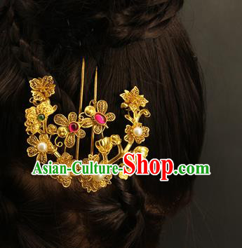 China Traditional Court Pearls Hair Stick Handmade Hair Accessories Ancient Ming Dynasty Golden Flowers Hairpin