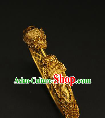 China Ancient Hollowed Dragon Golden Bracelet Handmade Ming Dynasty Jewelry Accessorie