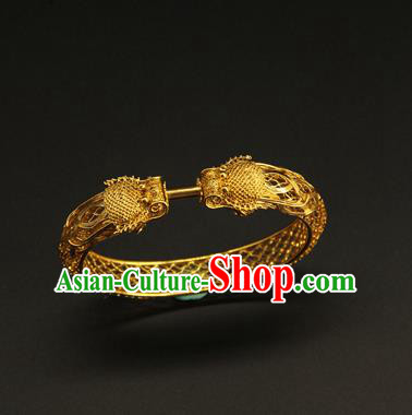China Ancient Hollowed Dragon Golden Bracelet Handmade Ming Dynasty Jewelry Accessorie