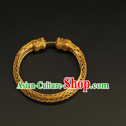 China Ancient Hollowed Dragon Golden Bracelet Handmade Ming Dynasty Jewelry Accessorie