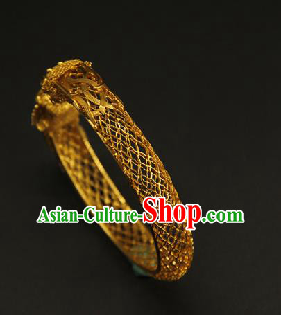 China Ancient Hollowed Dragon Golden Bracelet Handmade Ming Dynasty Jewelry Accessorie