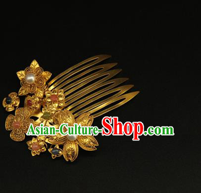 China Ancient Ming Dynasty Golden Hairpin Handmade Hair Accessories Traditional Hanfu Pearl Hair Combs