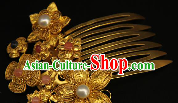 China Ancient Ming Dynasty Golden Hairpin Handmade Hair Accessories Traditional Hanfu Pearl Hair Combs