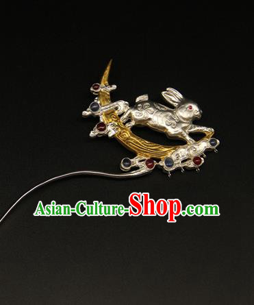 China Ancient Empress Hairpin Handmade Tang Dynasty Hair Accessories Traditional Court Silver Rabbit Moon Hair Stick