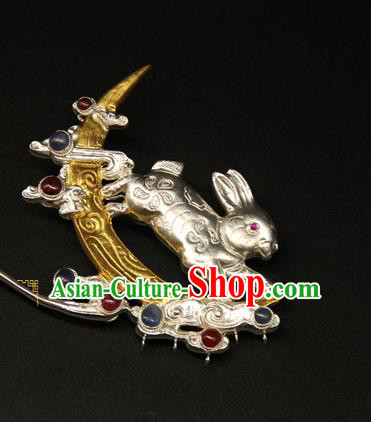 China Ancient Empress Hairpin Handmade Tang Dynasty Hair Accessories Traditional Court Silver Rabbit Moon Hair Stick