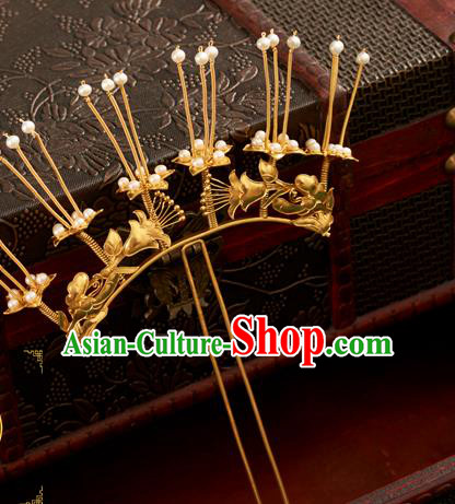 China Handmade Pearls Hair Clip Ancient Imperial Consort Golden Hairpin Traditional Ming Dynasty Hair Accessories