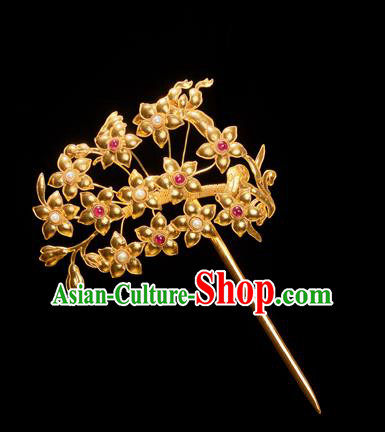 China Ancient Imperial Empress Hairpin Traditional Ming Dynasty Hair Accessories Handmade Golden Flowers Hair Clip
