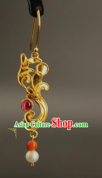 Handmade Chinese Ming Dynasty Hanfu Jewelry Accessories Traditional Ancient Imperial Consort Golden Earrings