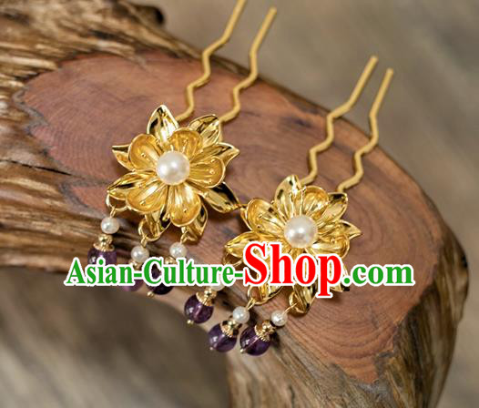 China Tang Dynasty Lotus Hair Stick Traditional Ancient Empress Golden Hairpin Hair Accessories