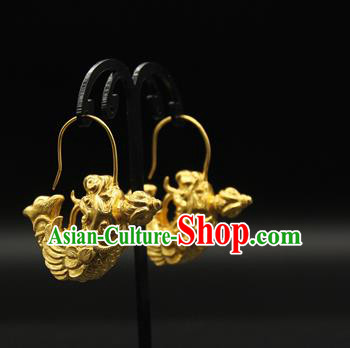 Handmade Chinese Traditional Tang Dynasty Court Ear Jewelry Ancient Imperial Consort Golden Fish Earrings Accessories