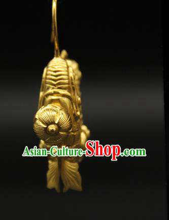 Handmade Chinese Ancient Imperial Consort Golden Earrings Accessories Traditional Ming Dynasty Court Ear Jewelry