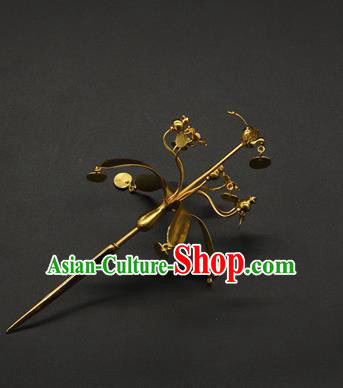China Ancient Tang Dynasty Court Hair Accessories Traditional Handmade Golden Tassel Hairpin
