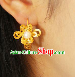Handmade Chinese Ancient Palace Golden Earrings Accessories Traditional Ming Dynasty Noble Lady Ear Jewelry