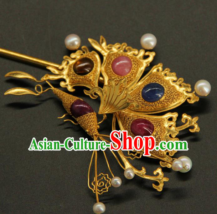 China Traditional Handmade Gems Butterfly Hairpin Ancient Court Hair Accessories Ming Dynasty Golden Hair Stick