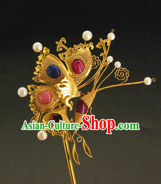 China Traditional Handmade Gems Butterfly Hairpin Ancient Court Hair Accessories Ming Dynasty Golden Hair Stick