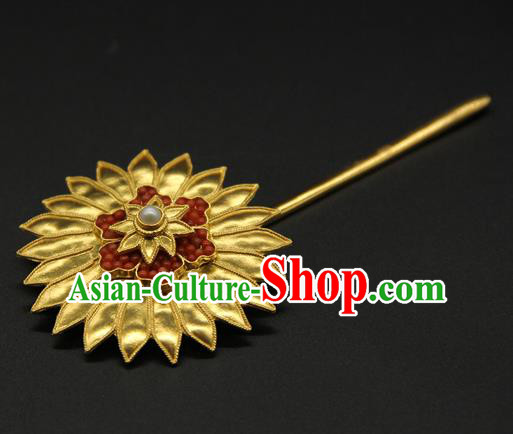 China Tang Dynasty Hair Stick Ancient Court Hair Accessories Traditional Handmade Golden Chrysanthemum Hairpin